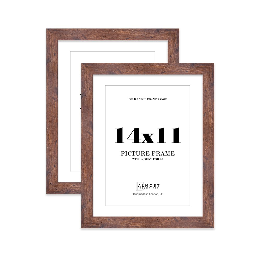 14x11 Rustic Wood Frame With Mount for A4 Pictures 28mm Edge Portrait and Landscape Display with Wall Hooks and Kickstand, 2 Pack