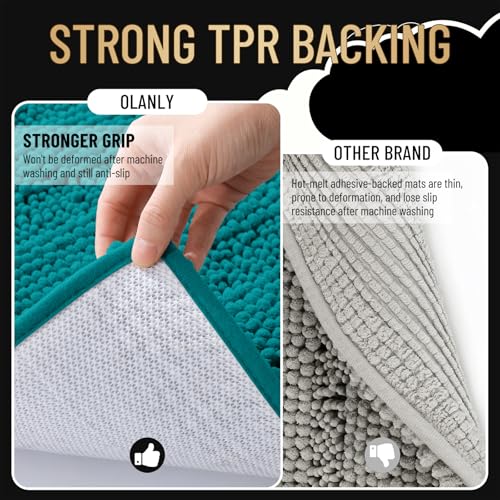 Image of OLANLY Thick Bathroom Runner Rugs 44x24, Extra Absorbent Chenille Striped Bath Rugs, Rubber Backing, Machine Wash Dry, Long Bath Mats for Bathroom, Tub and Shower, Home Decor Accessories, Deep Lake