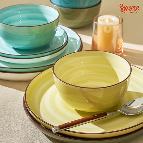 Image of Sweese Plates and Bowls Sets, 18 Piece Dinnerware Set Porcelain Round Dinner Set for 6, Scratch Resistant Dishes Set, Dishwasher and Oven Microwave Safe Handpainted Swirl Dishware Sets, Assorted Green