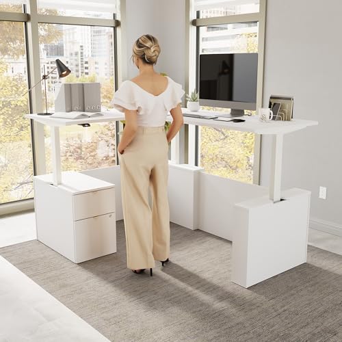 Image of Bush Business Furniture 60-inch Height Adjustable L Shaped Standing Desk with File Cabinet, Ergonomic Sit-Stand Computer Table for Office, Stratus Collection, White with White Base