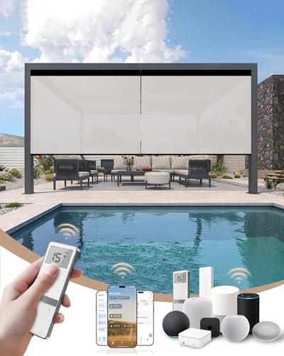 Kincmo Motorized Outdoor Shades for Patio Porch, Custom Outdoor Motorized Blinds with Remote, Waterproof & Windproof Patio Shades Work with Apple Homekit,Alexa,Google (1% Openness White)