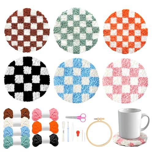 Image of WATINC Checkerboard Punch Needle Coaster Kit - 22Pcs Crafts Punch Needle Coasters Kits for Beginners, Checkerboard Patterns Coaster Tufted Rug Pads with Adhesive Felt Yarns Embroidery Hoop Instruction