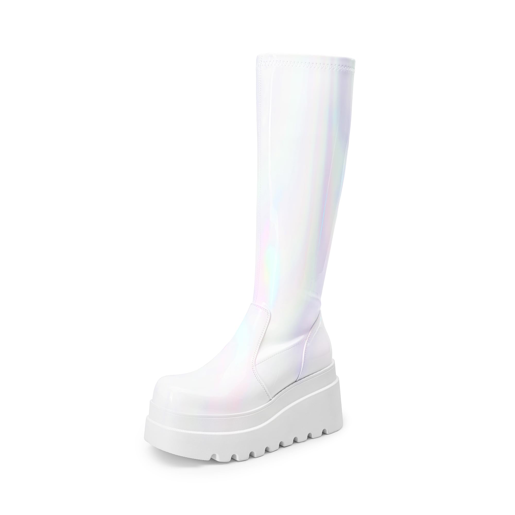 DREAM PAIRS Women's Knee High Boots Wedge Platform Chunky Heel Round Toe Side Zipper Fashion Long Tall Sock Punk Goth Boots for Women