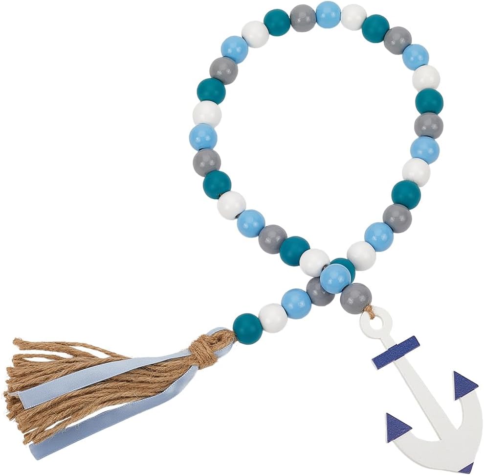 CRASPIRE 2Pcs Handmade Wood Bead Garland Sea Ocean 29" Wooden Beads Strand Summer Starfish Fish Farmhouse Rustic Hanging Pendant Ornament with Jute Rope Tassel for Tiered Tray Wall Home Room Decors