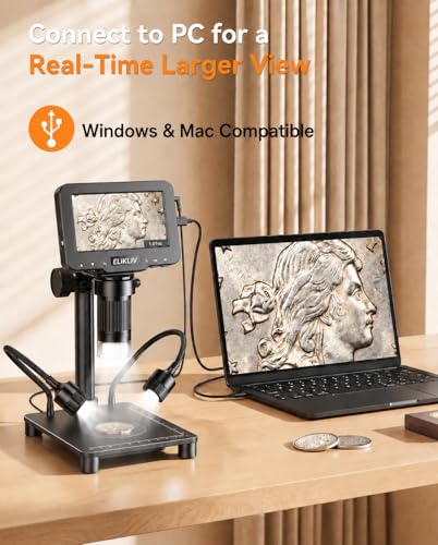 Image of Elikliv Microscope with Weighing Scale, Digital Magnifier for Error Coins, Jewelry Magnifying Glass with Lights, 4.3 inch LCD Screen 12MP Camera 1080P Video USB PC View for Adults Collectors Supplies