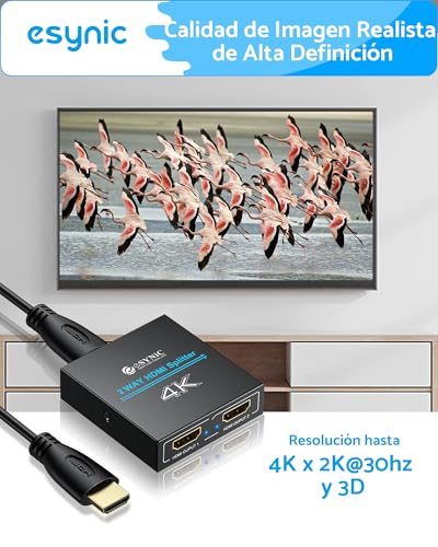 Miniatura 4 de Esynic Hdmi Splitter 4k 30hz Hdmi Amplificador 1 Entrada Y 2 Salidas Con Cable Hdmi De 1 M Y Cable Usb-C Hdcp 1.4 Soporta 4k Full Hd Para Hdtv Ps4 Reproductor De Blu-Ray Laptop Etc