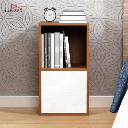 Image of Lukzer 2 Layer Wooden Book Rack /Shelf /Stand | MR-021 /Oak Brown | Multipurpose Storage Cabinet & Bookshelf with Open & Enclosed Shelves | Compact Organizer for Bedroom, Kitchen, Living Room & Office