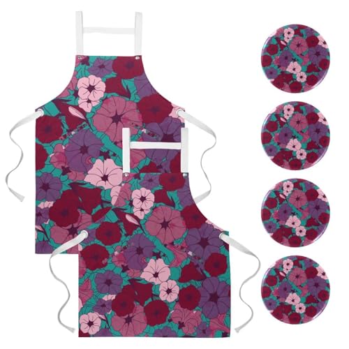 Lot de 2 tabliers de cuisine avec 4 broches à motif fleur florale rose tropicale