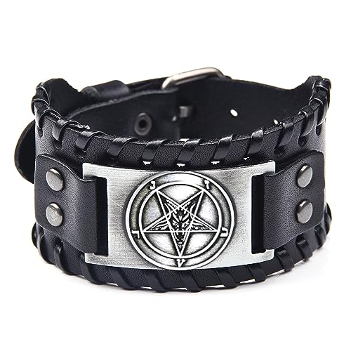 Satanic Leather Cuff Bracelet, Demon Baphomet Satanic Goat Head Bracelet, Gothic Inverted Pentagram Bangle