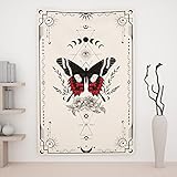 Ovenbird Butterfly Tapestry with Moth Sun Moon and Plants, Black and White Tapestry for Bedroom...