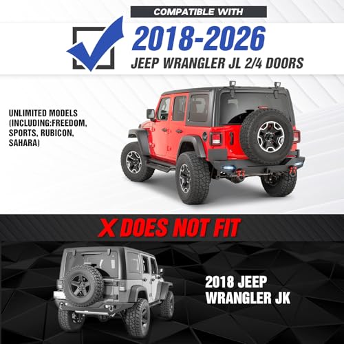 Image of Front & Rear Bumpers with Spare Tire Carrier Compatible with 2018-2026 Jeep Wrangler JL JLU Unlimited w /Paintable Armor, Winch Plate, License Plate Bracket, LED Lights, 2 inchHitch Receiver, D-rings