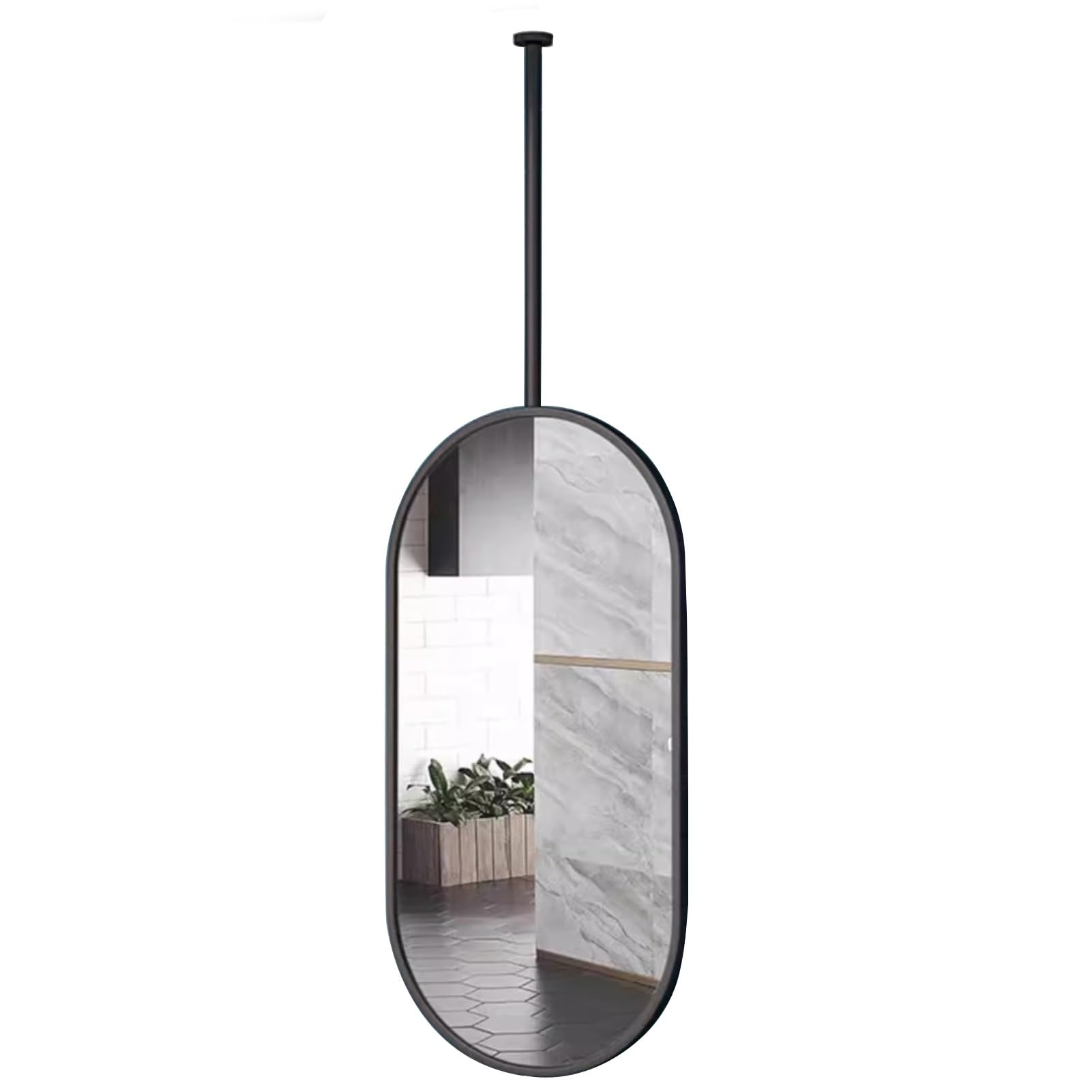 BKSXSOP Ceiling Mounted Mirror Hanging Rod Oval Bathroom with Black Metal Frame and Makeup Vanity HD Mirrors, Suspended - Pole Can Be Customized (Size : 40cmx60cm)