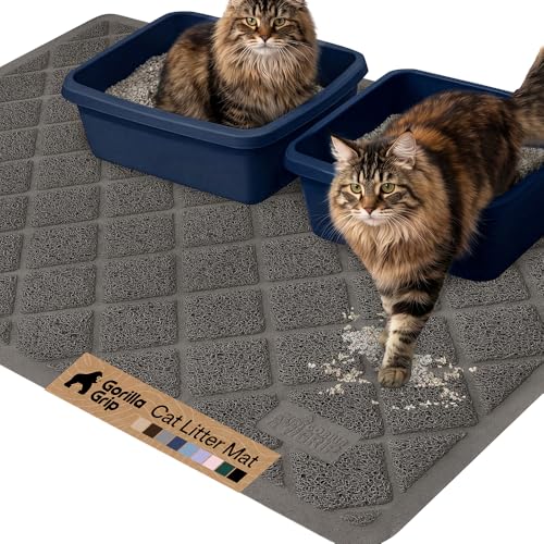 GORILLA GRIP Cat Litter Box Mat, 47x35, Cushioned Coil Mesh Litter Trapping Mats, Scatter Control Supplies for Less Mess, Phthalate Free, Ultra Deep Catch Grooves, Rinse or Vacuum to Clean, Dark Gray
