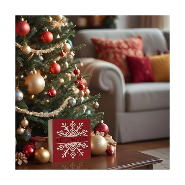 Winter decorchristmas decorations indoor for home wooden box signhello winter red snowflake farmhouse decor for kitchen office desk shelf wall decoration 5 x 5 inch  urban country home decor