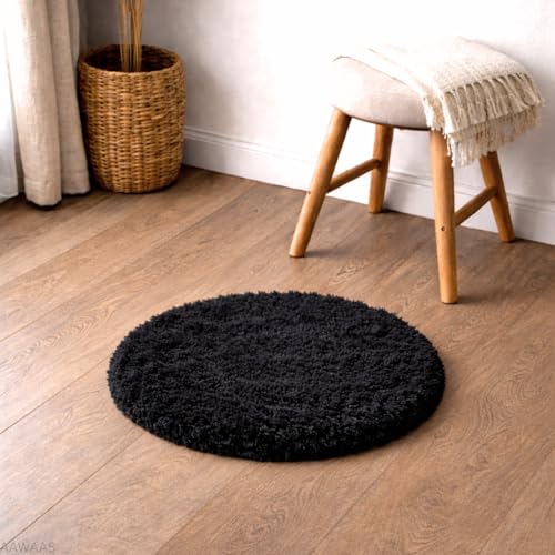Image of Premium Polyester Shaggy Round Rug - Ultra Soft Fluffy Circle Carpet for Bedroom, Living Room, Kids Room, Anti-Skid Plush Floor Rug - (Black, 2 feet|60cm)