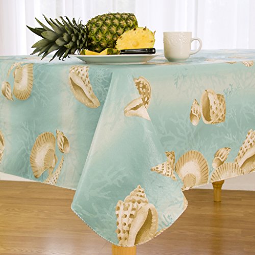 Elrene Home Fashions Vinyl Tablecloth with Polyester Flannel Backing Seashell Border Easy Care Spillproof, 70