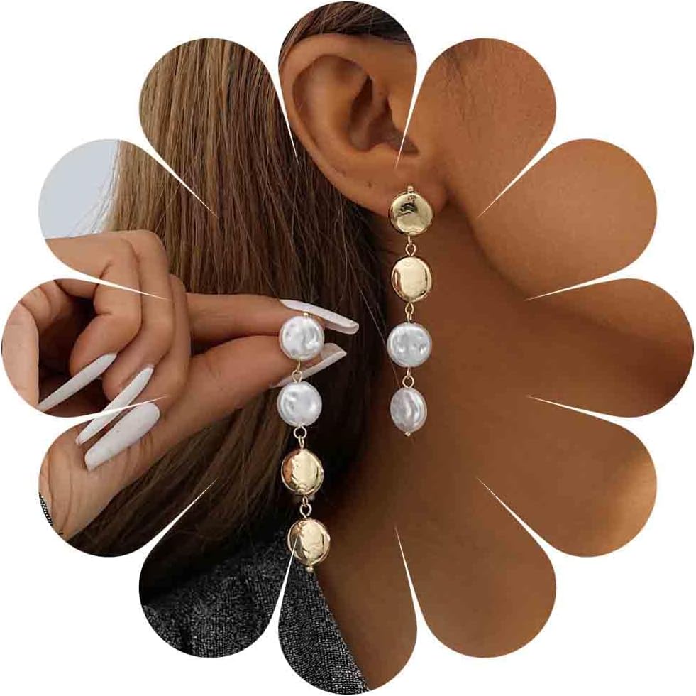 Boho Pearl Dangle Drop Earrings Long Pearl Chain Earrings Gold Baroque Pearl Dangle Earrings Pearl Wedding Tassel Earrings Round Pearl Freshwater Earrings