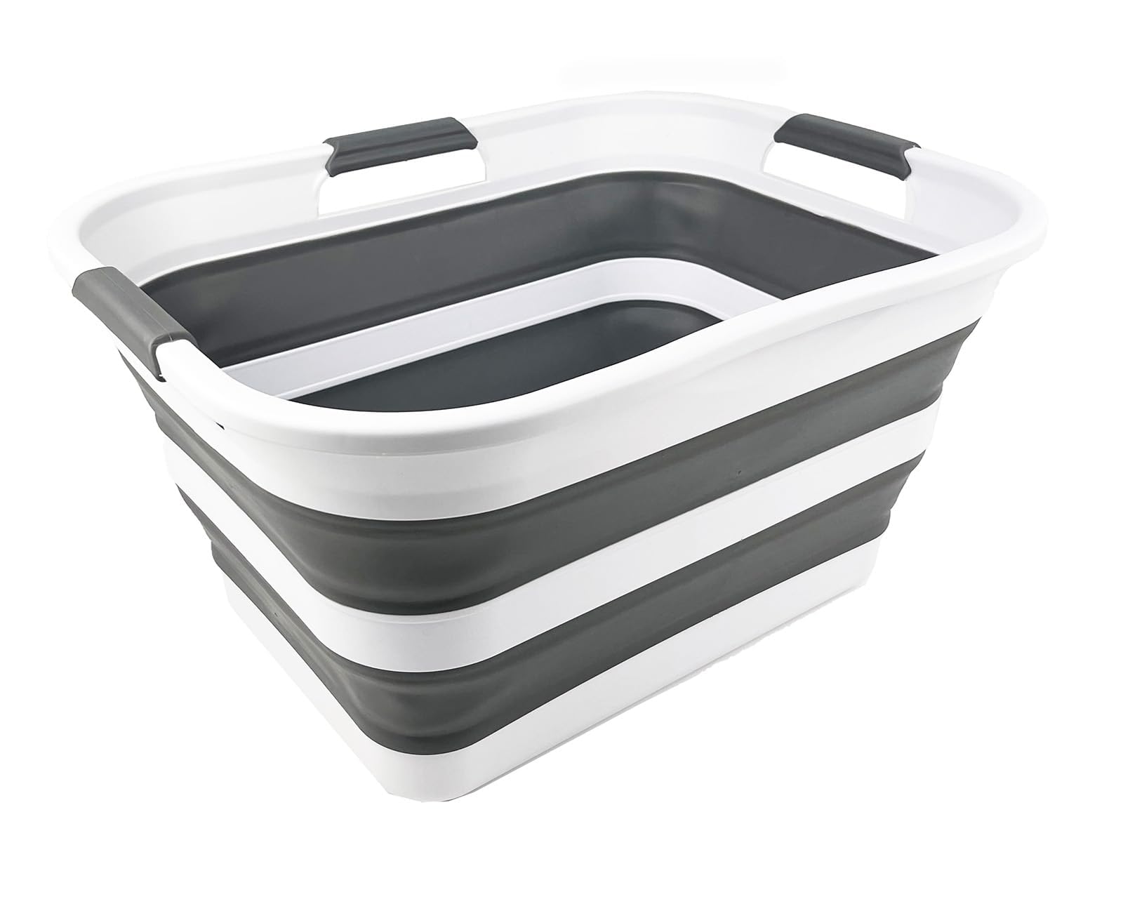 SAMMART 30L Collapsible Plastic Laundry Washing Tub/Basket - Portable Laundry Hamper/Storage Container Foldable Laundry Basket - Space Saving (White/Steel Grey)