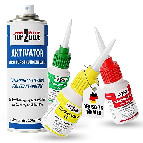 Premium Sekundenkleber extra stark Set mit Aktivator Spray 200ml - 3x Superkleber wasserfest & hitzebeständig - mit Spezialverschluss - Cyanacrylat Kleber Top2Glue (3x 20g Sekundenkleber & Aktivator)