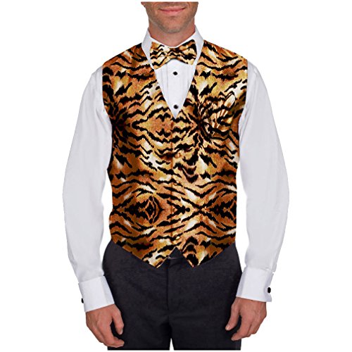 Men's Animal Printed Tiger Print Vest Bow Tie and Hanky Set for Proms Weddings and Formal Events