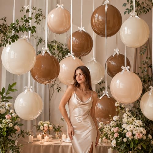 Image of 9 Pcs Nude Cream Beige Round Foil Balloons Netural Boho 4D Ball Balloons 22 In Brown Tan Apricot Large Foil Balloons for Boho Birthday Wedding Anniversary Baby Shower Disco Party Backdrop Decor