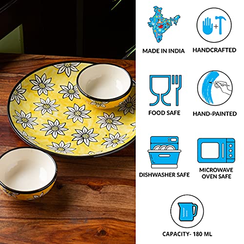 Image of ExclusiveLane 'Californian Sunflowers' Handpainted Ceramic Plates for Dinner Set Ceramic Dinner Plate with Katoris & Ceramic Bowl (3 Pieces, Serving for 1, Dishwasher & Microwave Safe)
