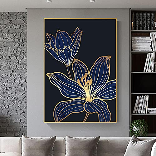Affiches et impressions fleurs dorées salon triptyque abstrait bleu