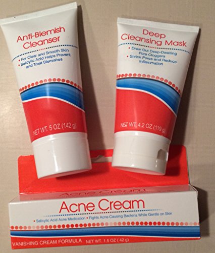 Acne Treatment 3-Piece Set: Acne Cream (.5%) 1.5oz; Anti-Blemish Cleanser (.5%) 5oz; Deep Cleansing Mask (.5%) 4.2oz