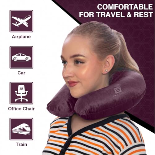Image of CRAE Travel Neck Pillow for Men & Women | Soft Fibre Cushion for Flight, Car & Train | Soft Velvet Fabric with Attachable Snap Strap | Cervical Support for Neck Pain Relief.Pack of 1(Mouving Mauve)