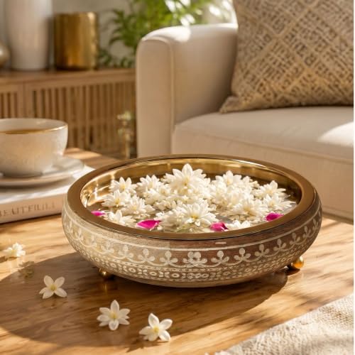 Image of BEHOMA Wood & Metal Design Urli Tray, 11 inch | Wood & metal design urli tray, 11 inch; perfect for wedding, Diwali gifting & Durga Puja Navratri decor.