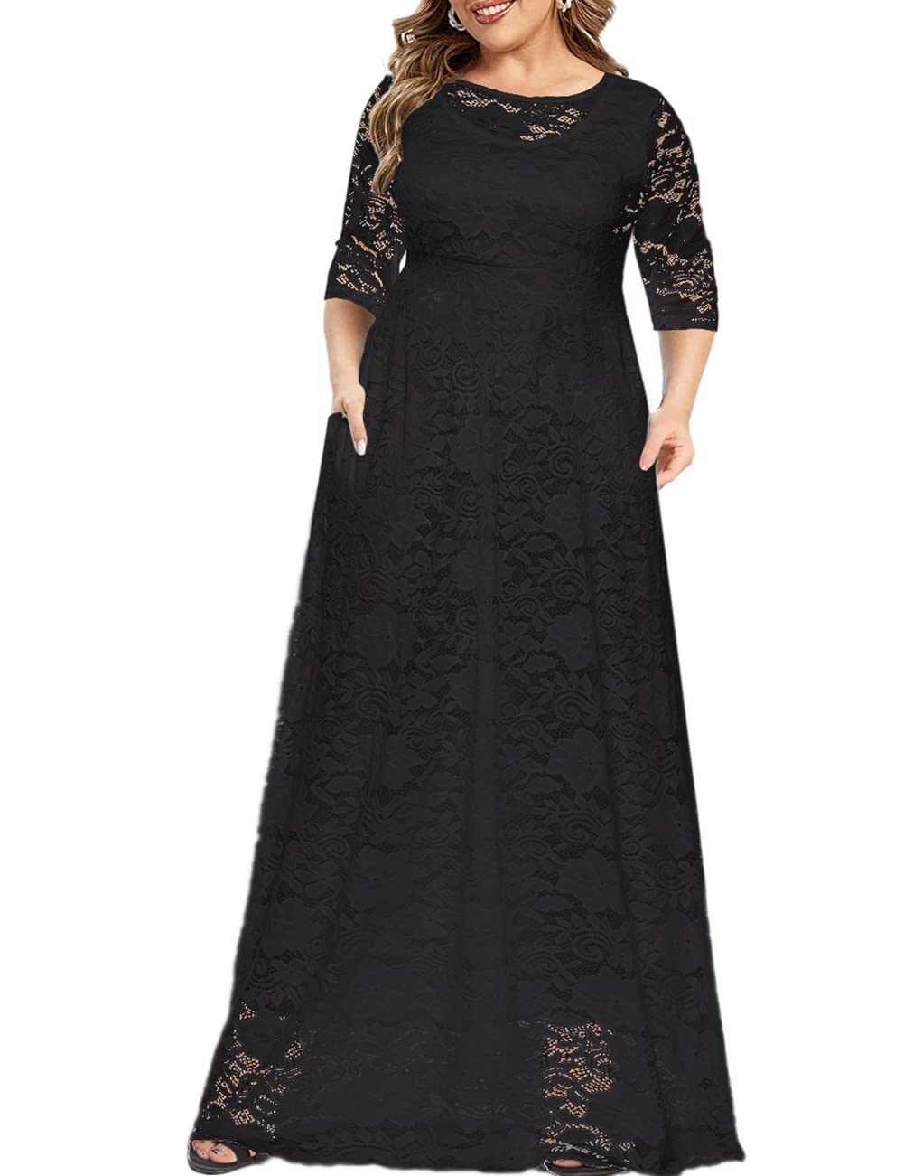 MAYFASEYWomen's Plus Size Floral Lace Wedding Dress 3 4 Sleeve Bridesmaid Evening Party Long Maxi Dresses with Pockets
