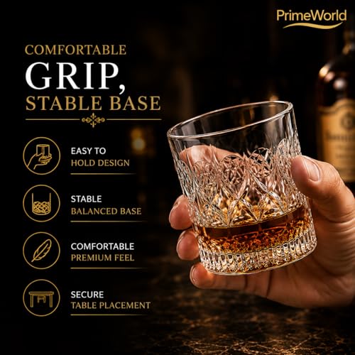 Image of PrimeWorld Cristalleria European Crystal Whiskey Glasses Set of 6 pcs- 300 ml Bar Glass for Drinking Bourbon, Whisky, Scotch, Cocktails, Cognac- Old Fashioned Cocktail Tumblers