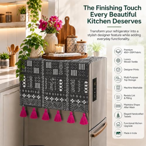 Image of WWW.THROWPILLOW.IN Four Door Fridge Cover 400+L |450 GSM Durable Fridge Top Cover with Tassels|Dustproof Refrigerator Cover in Black Tribal Print |