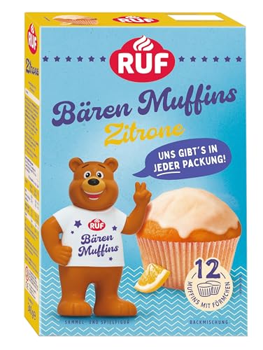 RUF Bärchen Muffins Zitrone Backmischung für 12 fruchtige Zitronenmuffins mit Zitronenglasur inkl. Bären Sammelfigur und Muffinförmchen ideal für Kinder Familien & Geburtstage