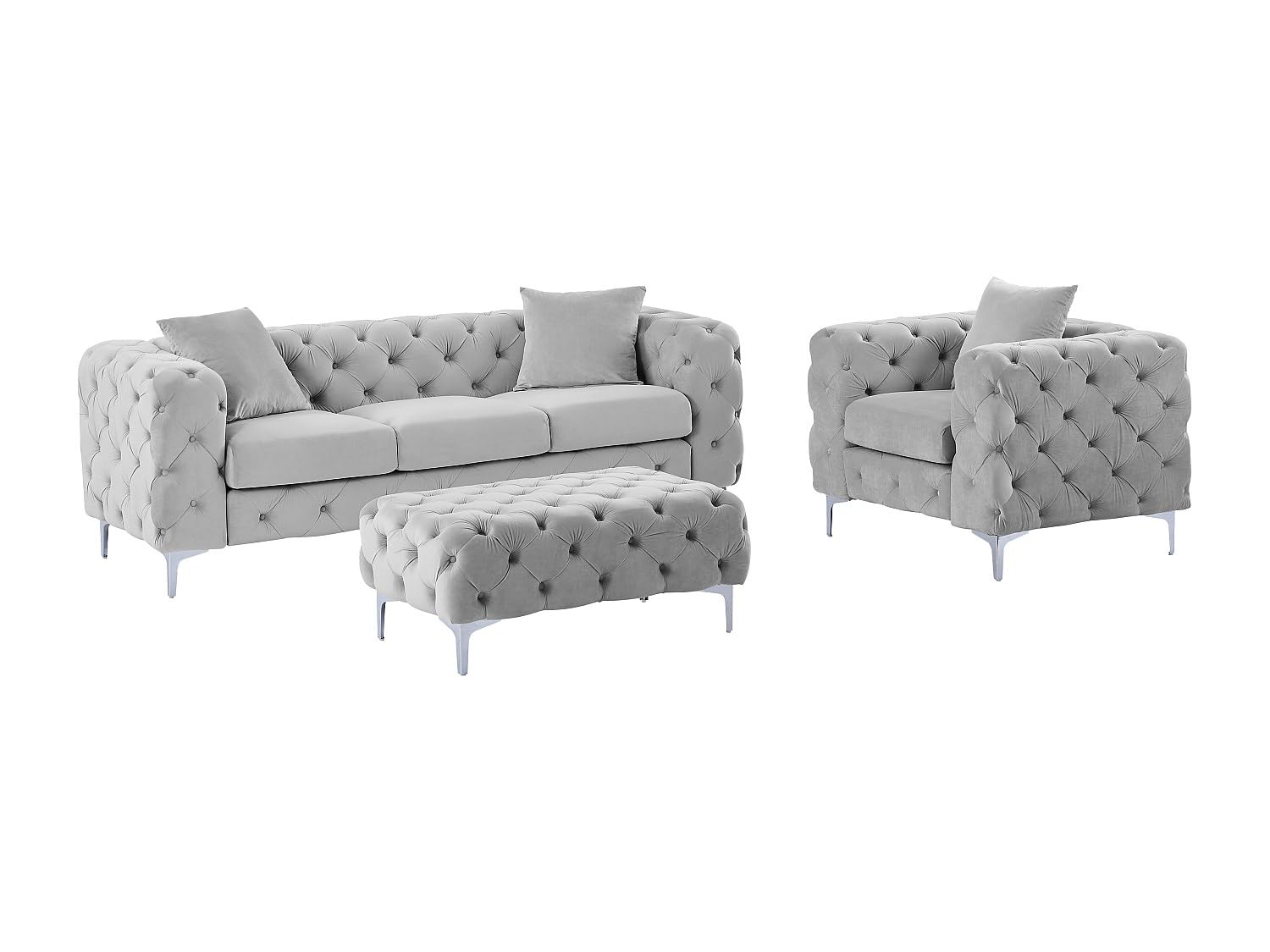 Vente-unique - Canapé 3 Places, Fauteuil et Pouf Chesterfield en Velours Gris Clair Edwina