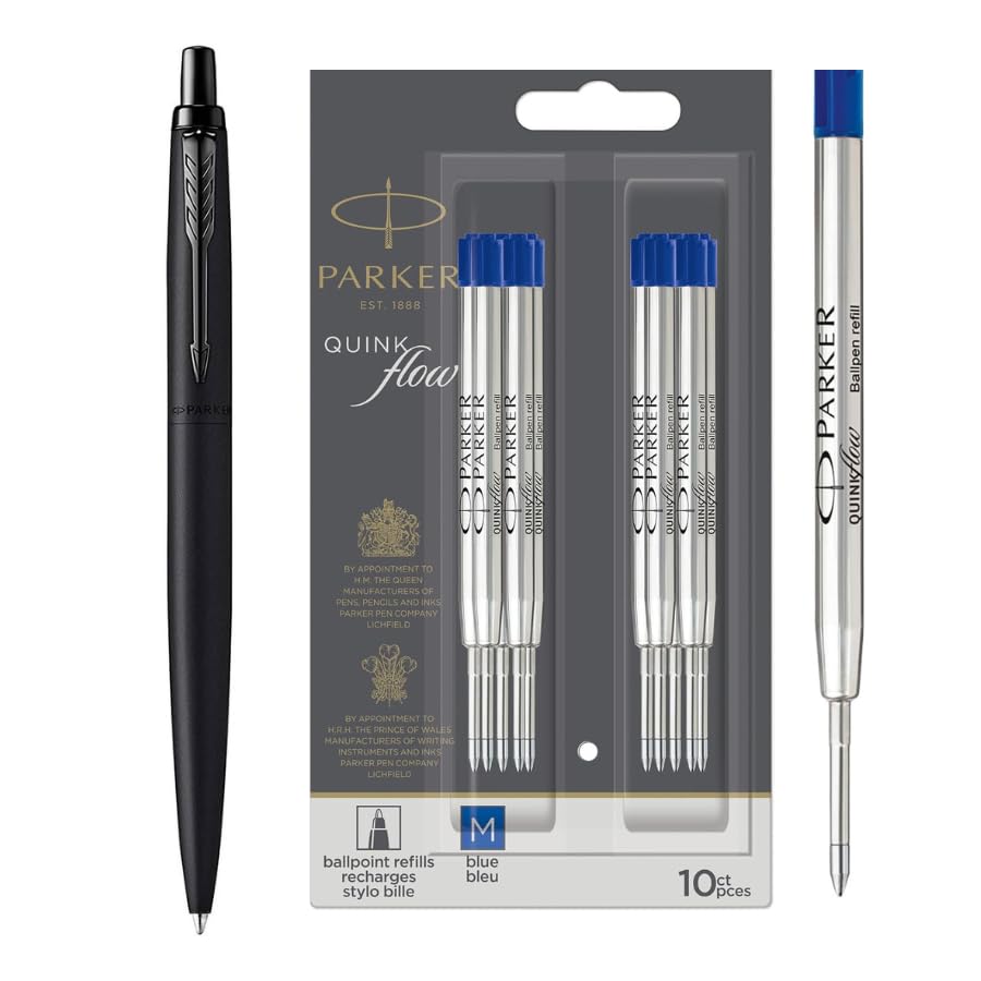Parker Bolígrafo Jotter XL | Negro mate monocromático | Punta media | Tinta azul | Caja de regalo | Juego con 10 recambios de tinta azul QUINKflow