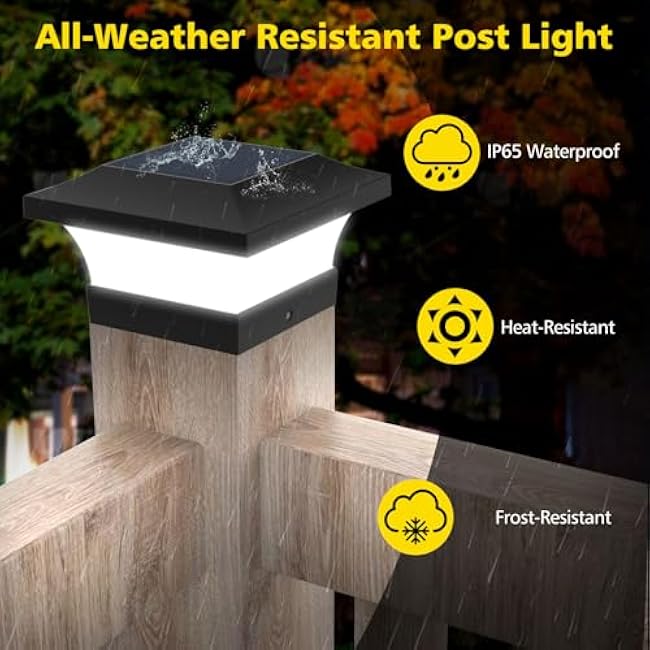 T-SUN Solar Post Lights, Waterproof Outdoor Solar Post Cap Lights for 4X4 Wooden Posts, 6000K Cool White LED Lighting, Deck, Patio Garden Decor or Fence(2 Pack)
