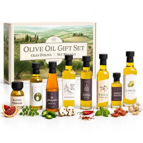 Kiri & Sons Olive Oil Gourmet Sampler Gift Set of 8 - Premium Extra-Virgin Olive Oil Made In Spain, Natural Flavors Include Mushroom, Chili, Garlic, Oregano, Blood Orange, Smoky Bacon, Jalapeno, Basil