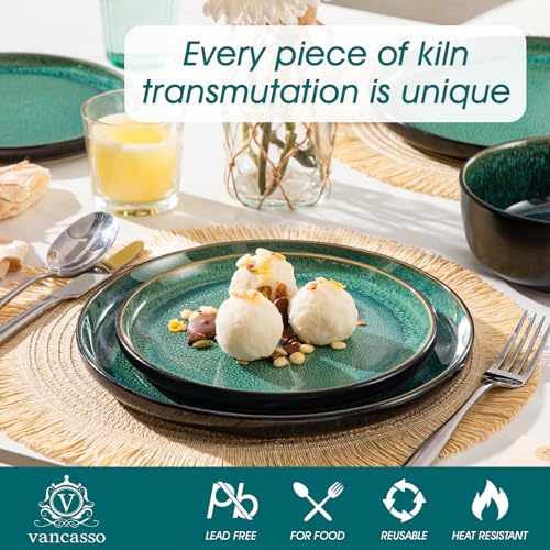 vancasso Playa Green Plates and Bowls Sets, 12 Pieces Reactive Glaze Ceramic Dinnerware Set for 4, Kitchen Dinner Dining Ware Set, Microwave and Dishwasher Safe Dishware Dishes - Image 4