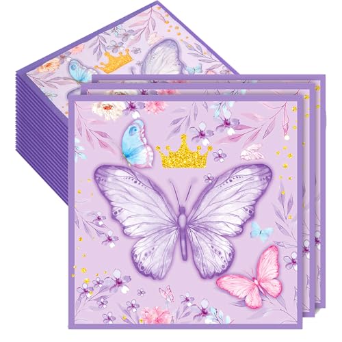 Luxoraiova 60 Stück Schmetterling Party-Servietten, Lila Papierservietten 33x33cm, Cocktailservietten, Prinzessin Krone Geburtstag Deko Mädchen für Geburtstag Hochzeit Gartenparty Abendessen-Deko