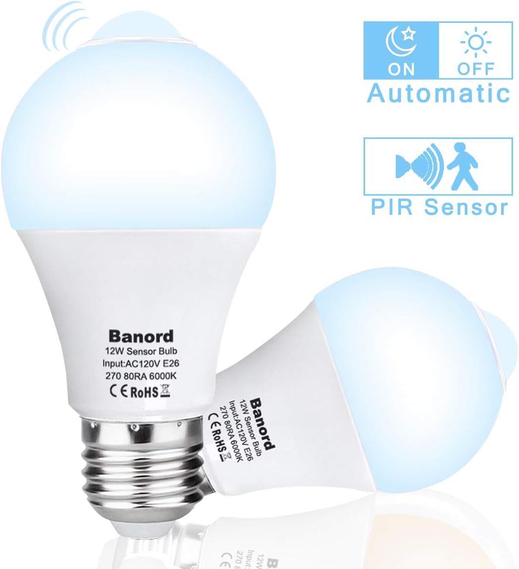 Banord 2Pack Auto On Off Motion Sensor LED Light, 12W 100 watt Incandescent Bulb Equivalent E26 PIR Motion Sensing Activated LED Bulb,6000K Daylight A19 Indoor Motion Bulb for Porch,etc