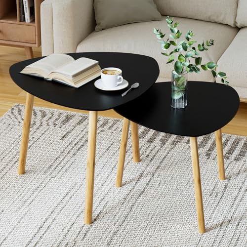 Exabang Coffee Table, Set of 2 Modern Living Room Table, Side Table, Coffee Table, Sofa Table, Table Combination for Living Room, Bedroom, Office, Balcony (Black)