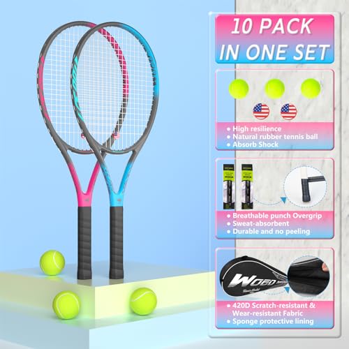 Image of Pro Tennis Racket for Adults, 2 Player 27 inch Speed Tennis Racquet Acceptable for Beginner and Professional with 3 Tennis Balls, 2 Vibration Dampes, 2 Overgrips, Tennis Bag