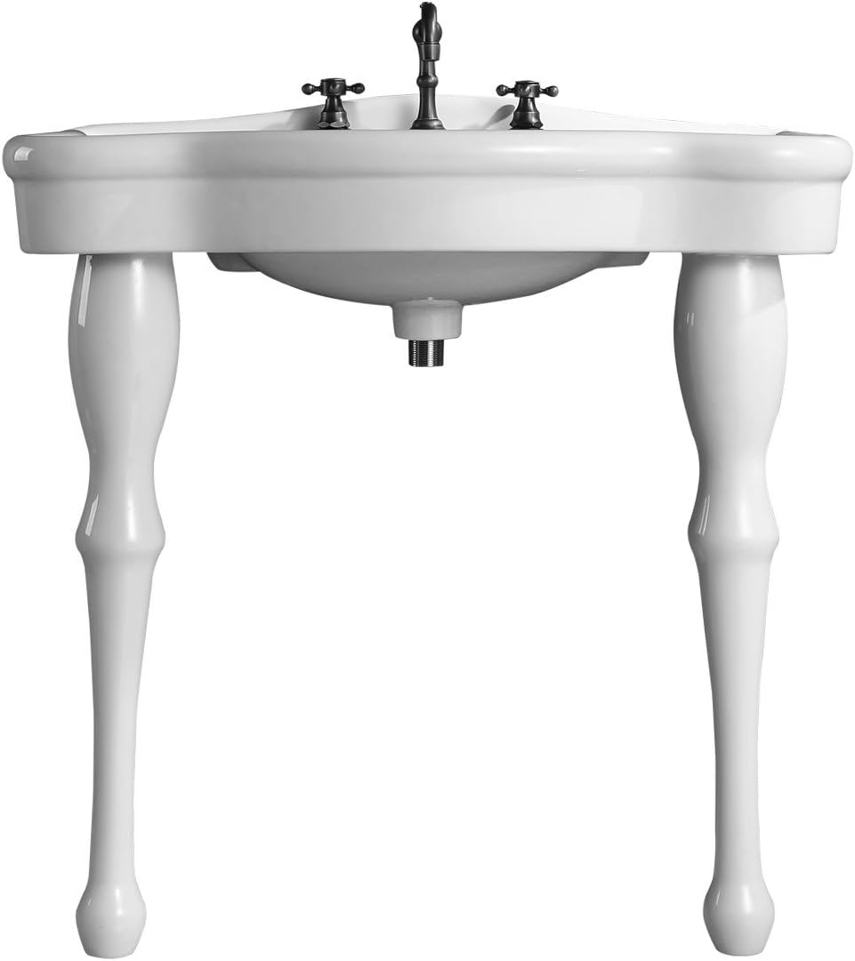 Renovators Supply Manufacturing Jasmine White Wall Mount Console Bathroom Sink 32.5" Wide Porcelain Sink with Spindle Pedestal Legs, Overflow, 8" Widespread Faucet Holes, Heavy Duty