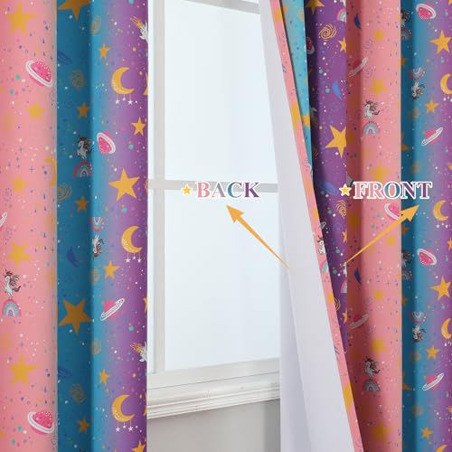 Image of Pink Purple and Grey Room Darkening Curtains 84 Inch Long for Girls Bedroom | Estelar Textiler Star & Moon Blackout Curtains for Kids Playroom,Unicorn Rainbow Grommet Window Drapes,52Wx84L,2 Panels