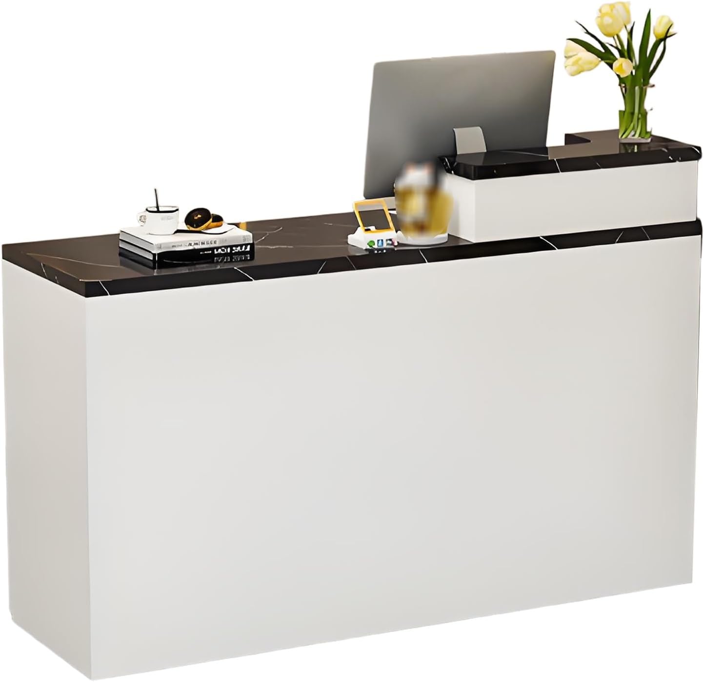 Reception Desk, Front Counter Desk with Lockable Drawer, Wooden Computer Desk Reception Counter, for Clothing Store, Beauty Salon, Lobby and so on(White+Black Stone L)