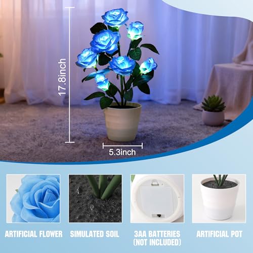 Image of Artificial Blue Rose Flower Lamp LED Lights, Flower Table Lamp for Bedroom Bar Coffee Shop Wedding Valentines Mothers Day Birthday Christmas - Unique Gifts for Women Her Girlfriend Wife Mom