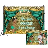 Picture of Renaiss 7x5ft Royal Prince Baby Shower Backdrop Ethnic Little Prince Gold Grown Our Little Prince is On The Way Green Curtain Photography Background for Newborn Infant Party Decor Photo Props