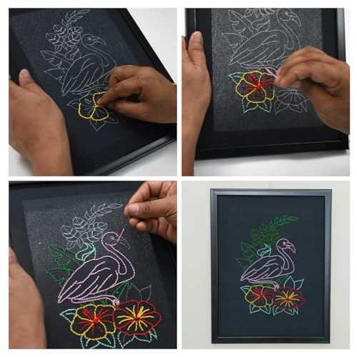 Image of picknMAKE Hand Cross Stitch Embroidery Kits for Beginners Adults with Cloth Fabric, Framed Pattern of Flamingo on Black Fabric to do Embroidery with Instruction and All Material Included