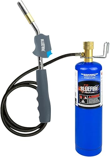 Miniatura 10 de BLUEFIRE HZ-8388B - Antorcha de soldadura de gas con manguera de 3 pies con clip práctico y botella MAPP, mango de llama súper remolino, cabezal de